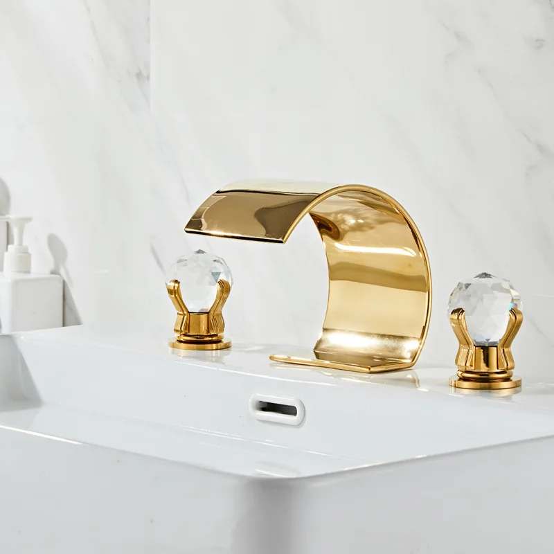 Luxury Style Gold Hot And Cold Three-Holes Basin Faucet Washbasin Bathroom Crystal Ball Split Three-Piece Deck Mount XR0175