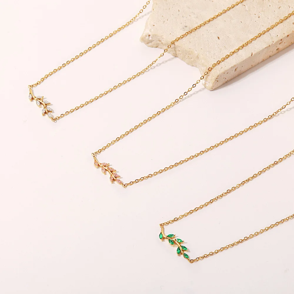 High Quality 18K Gold Plated Green Pink White Oval Zircon Tree Branch Shape Stainless Steel Necklaces For Party