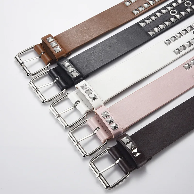 European And American Style Black Punk Leather Studded Two Lines Pyramid Rivet Belts Pu Leather Pin Buckle Belt For Jeans