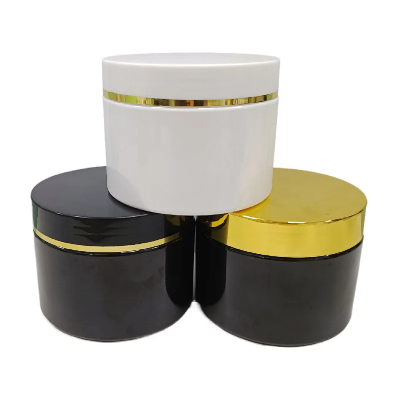 White Black PET wide mouth jars with golden line lid 250ml 300ml 500ml hair film face cream plastic bottle cosmetic packaging bo
