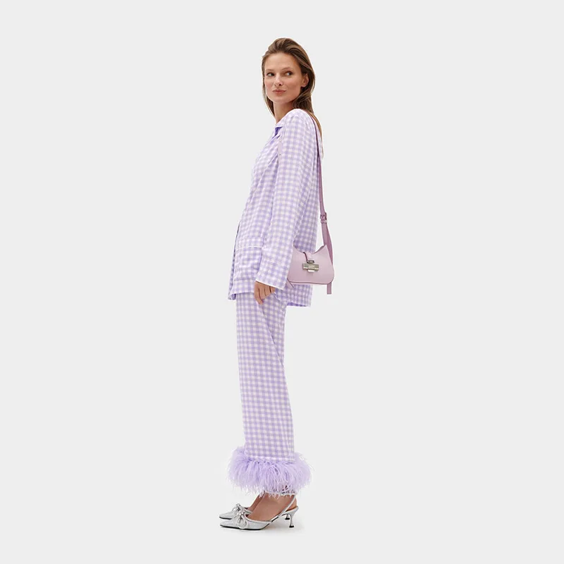 Wholesale Women Purple Checked Pattern Long Sleeve Top&Pants Matching Set Ostrich Feather Trim Cotton Party Pajamas Set