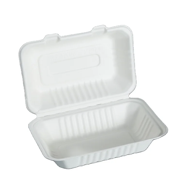 ECO 100% Biodegradable Disposable Lunch Box Clamshell Sugarcane Bagasse Plate with Lid for Takeaway Food and Restaurant Use