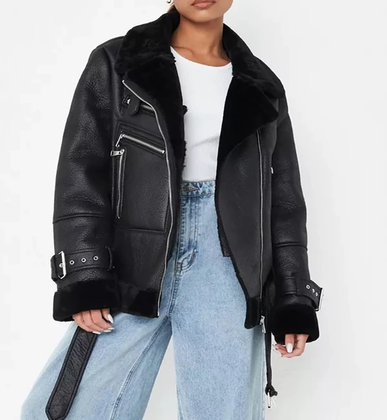 Custom High Quality Leather Velvet Stand Collar Winter Warm Jacket Luxury Real Lamb Fur Long Sleeves Leather Black Jacket