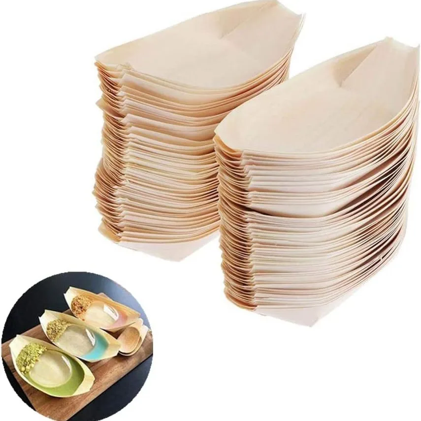 Disposable Wood Boat Plates Wooden Plates Dishes Food Boats Serving Tray Food Container