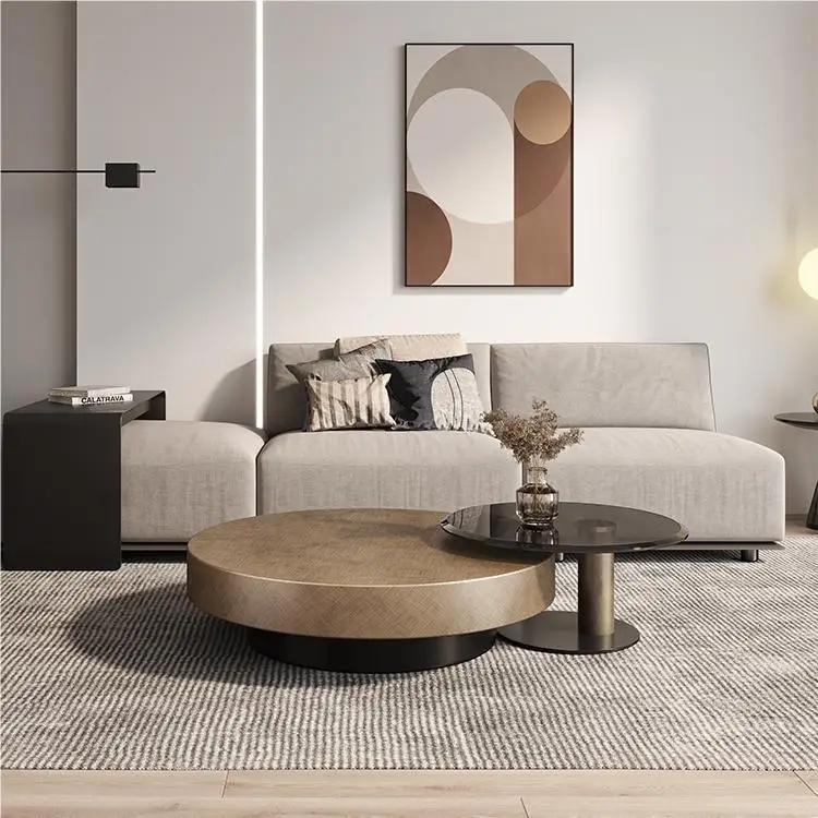 Nordic Modern Luxury Retro Marble Top Round Nesting Coffee Table Set Minimalist Sintered Marble Texture Coffee Table