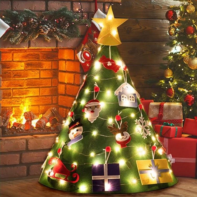free sample big stock 2023 funny 3D DIY felt christmas tree with LED string lights