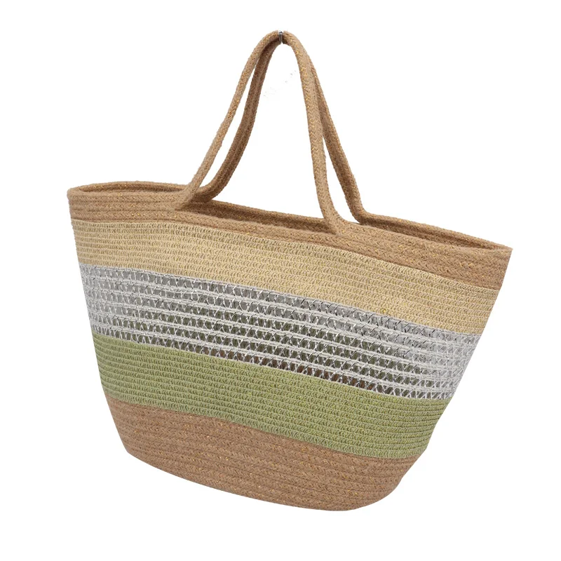 Camel color gold thread hemp gold braid handbag cotton rope storage basket casual fashion women beach bag