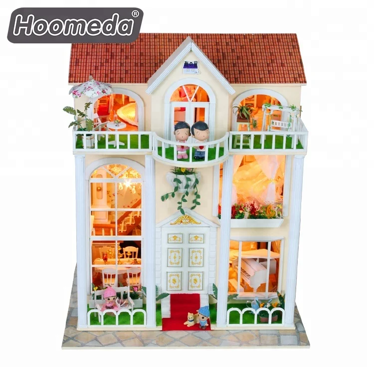 Wholesale Diy Three-Story Folding Villa Piano Lace Bed With Lamp Mini Doll House With Furniture