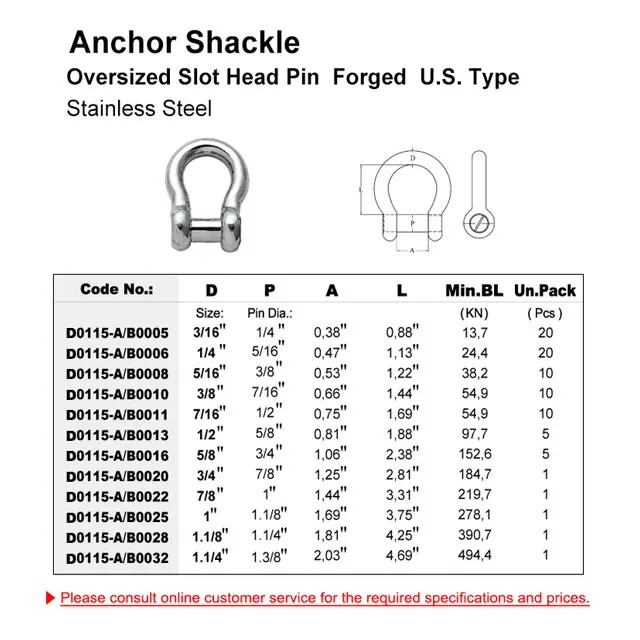 US Type Stainless Steel Anchor Shackle Oversized Slot HSAD Pin Forged Dee Lifting Industrial Use Drop Forged G209 Mining