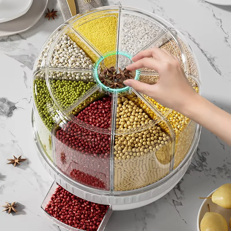 JUMEIJIA Kitchen Dry Food Grain Cereal Dispenser 6 Grid Automatic Rotating Rice Dispenser