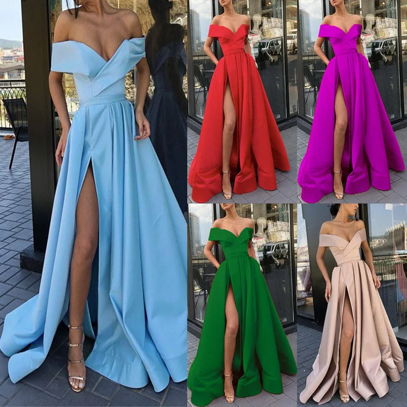 Hot selling design summer dress solid color V shape satin long evening party dress for women