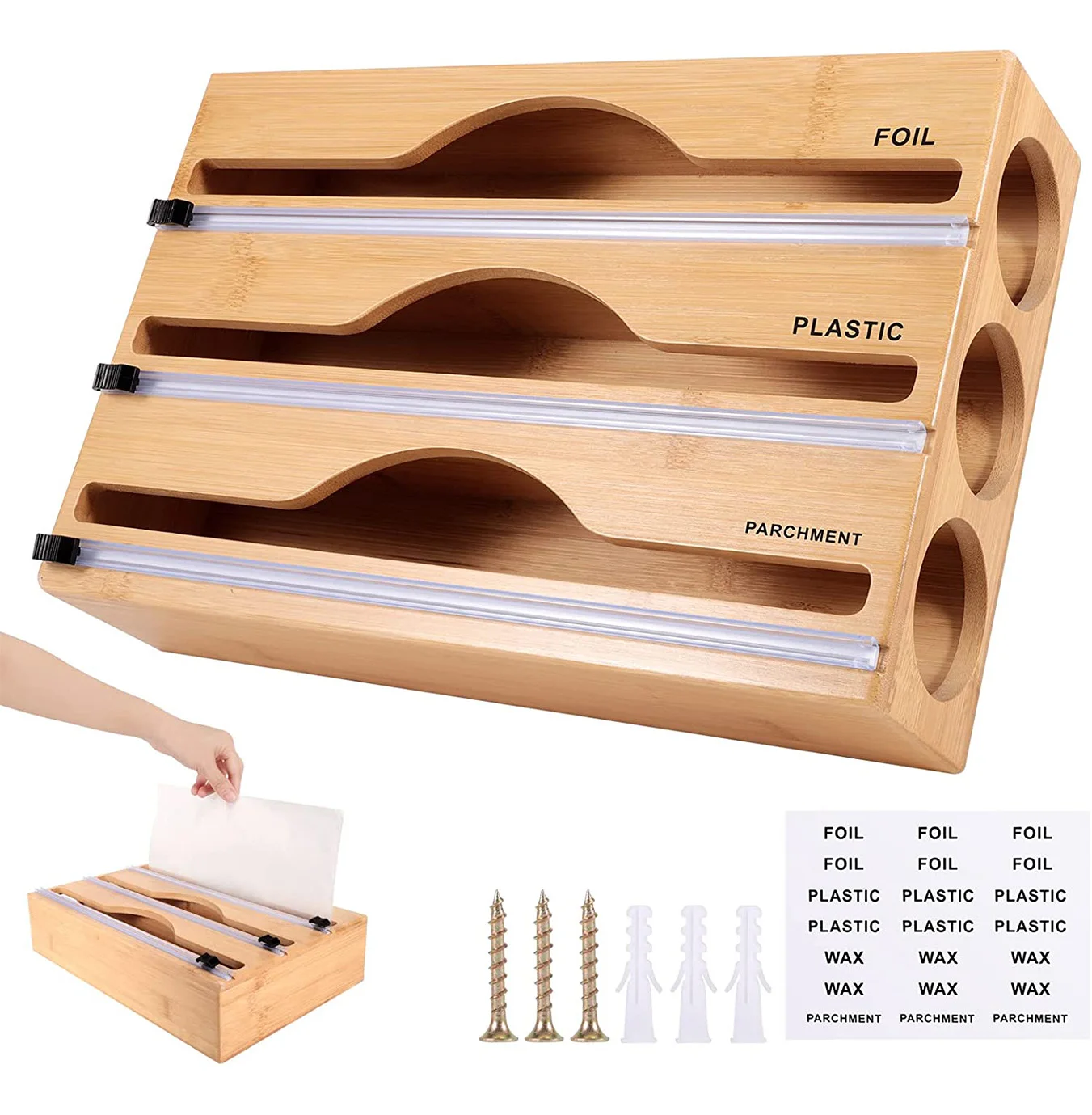 New popular 3 in 1 Foil and Plastic Wrap Organizer Durable Bamboo Plastic Wrap Dispenser Multipurpose Cling Film Storage Box