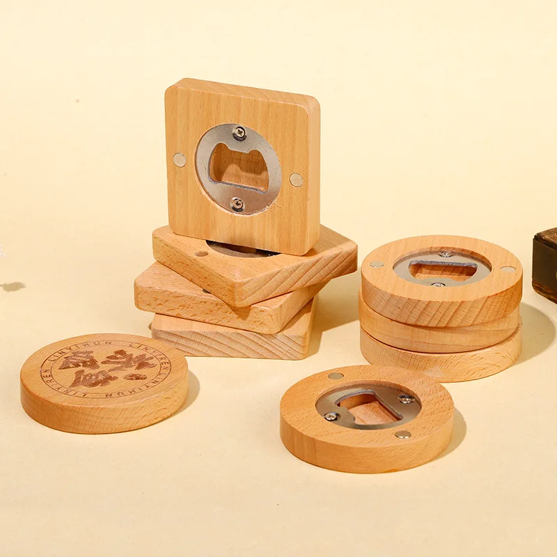 Wholesale Eco-friendly Wooden Bamboo Fridge Magnet Custom Beer Bottle Opener Portable Stainless Steel Magnetic Round Coaster