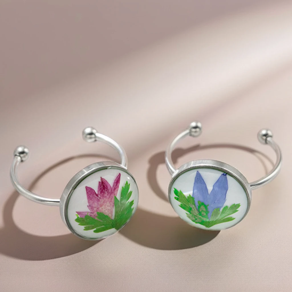 Manufacturers Stainless Steel Sliver Handmade Butterfly Resin Open Dried Flower Ring Fashion Jewelry for Women