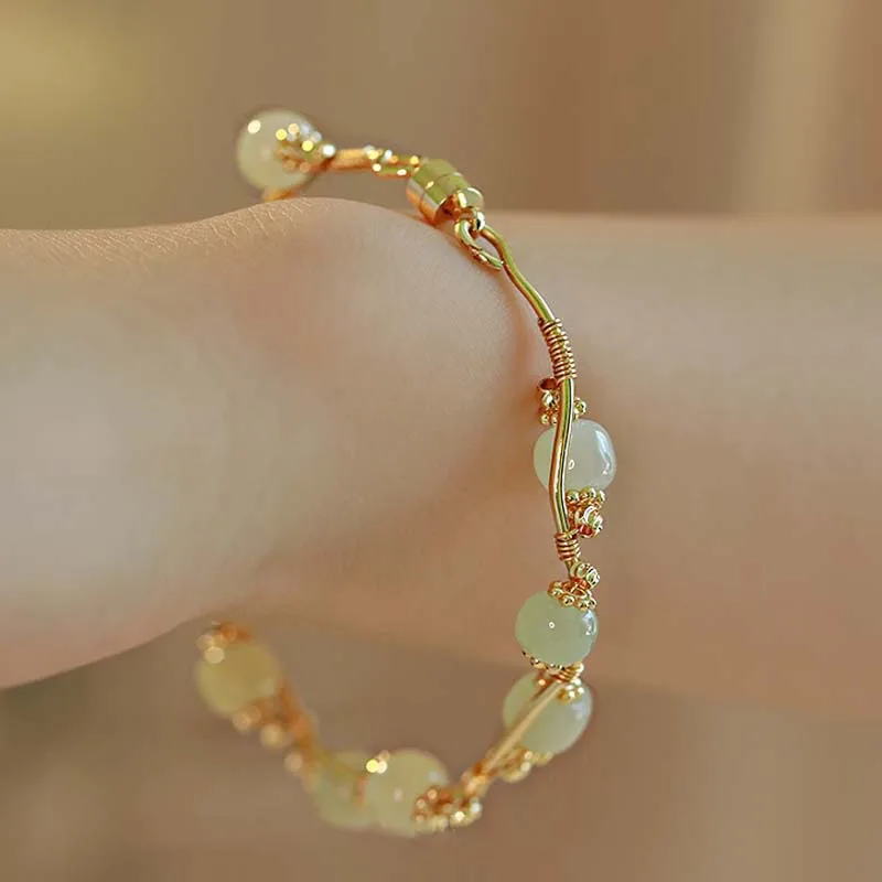 Ancient Green Agate Beads Charm Bracelet Chinese Jade Green Bamboo Pendant Women Woven Hand Jewelry Gold Gifts