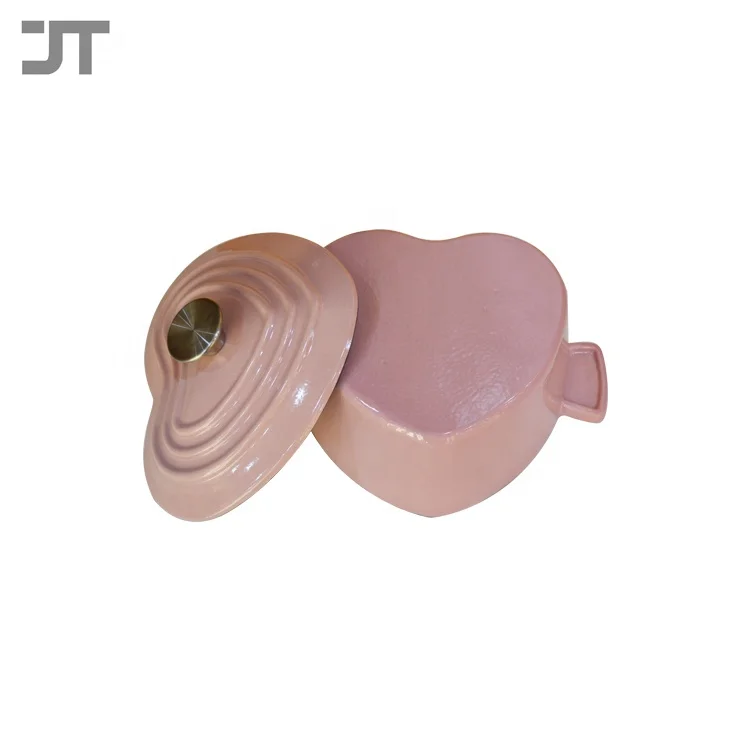 21cm China factory price dual handles enamel cast iron pink heart cooking pot set with lid