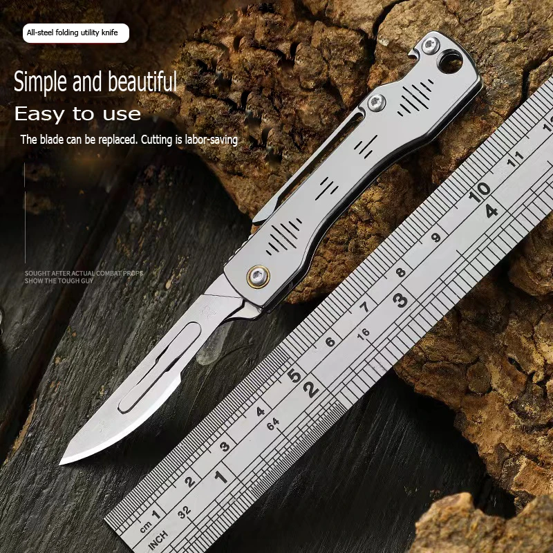 Free Sample Replaceable Utility Blade Folding All Stainless Steel Handle Ultra Sharp Carbon Steel Blades Exchange Pocket Knife
