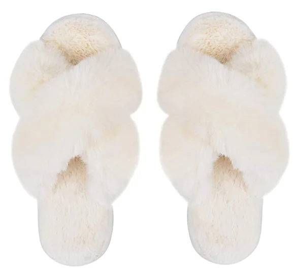 
Fashion Women Vegan Faux Fur Slider Slippers, Open Toe Mule Fluffy House Slide Women Winter Slippers 