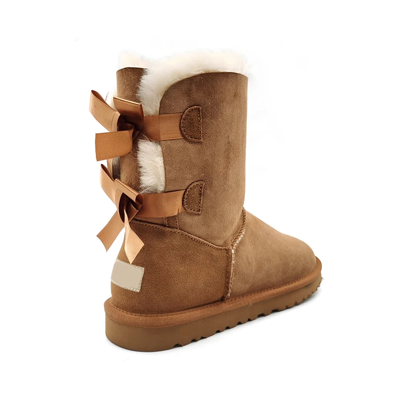 Зимние Детские женские ботинки с милым бантом, теплые зимние ботинки из искусственного овечьего меха