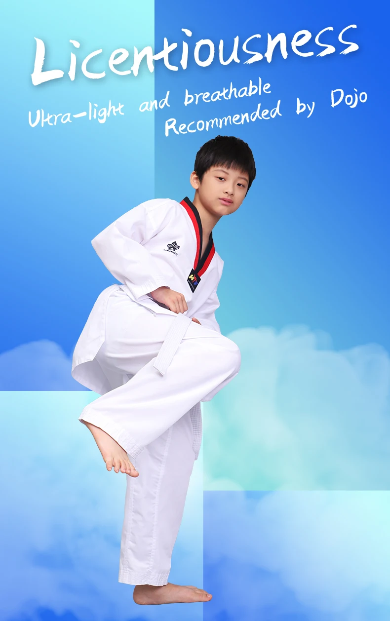 International Light Manufacturer Wholesale Wtf Pine White Color Polyester Custom Design Taekwondo Clothing Uniform Dobok