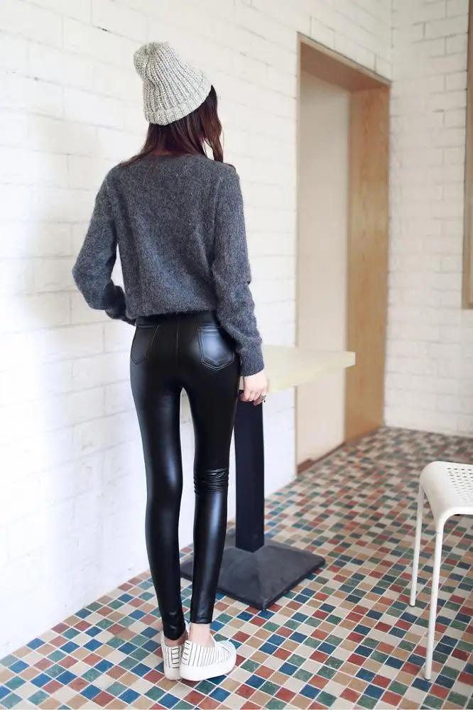 2019 New Fashion High Waist Faux Leather Women Black Leggings With Pockets Wholesale Sexy Womens Leather Pockets Black pants