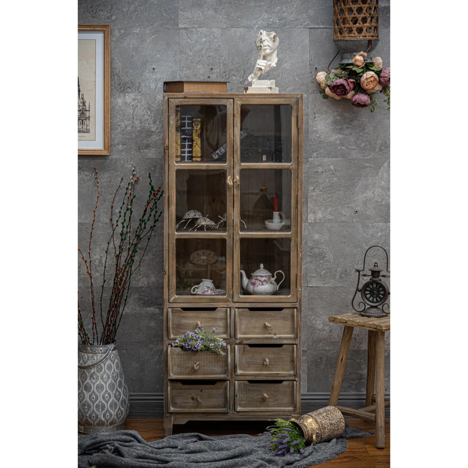 Деревенский американский деревенский стиль, античный деревянный высокий шкаф, деревянная мебель, декоративные шкафы для хранения с дверями и ящиками