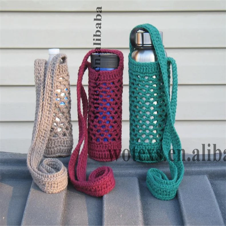 BM038 Free samples custom knit jacquard Cross Body Water Bottle Cover with straps Crochet Water Holder Water Bottle bags