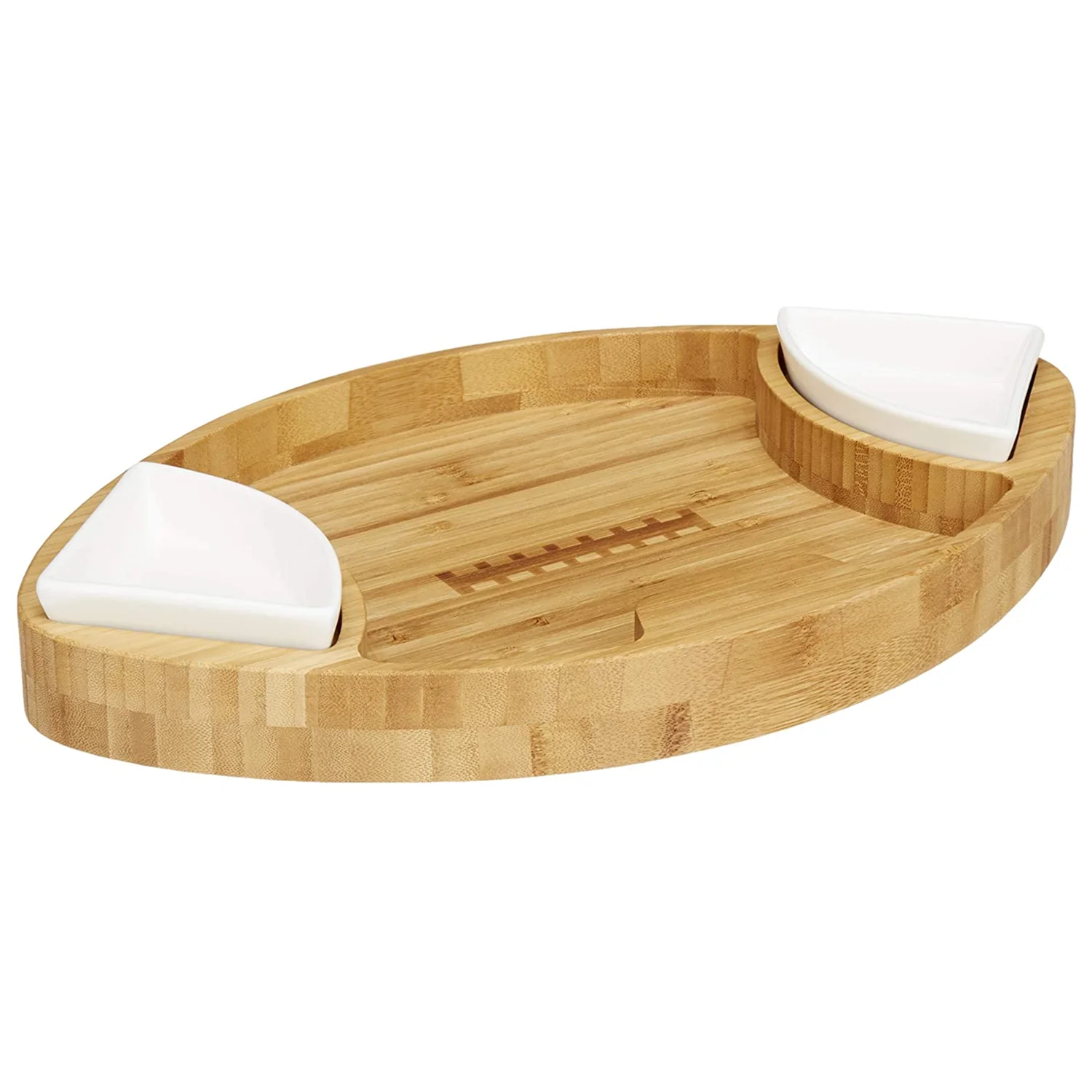 Wholesale Unique Football Shaped Bamboo Appetizer Serving Tray with 2 Dip Trays Large Chip Serving Dish