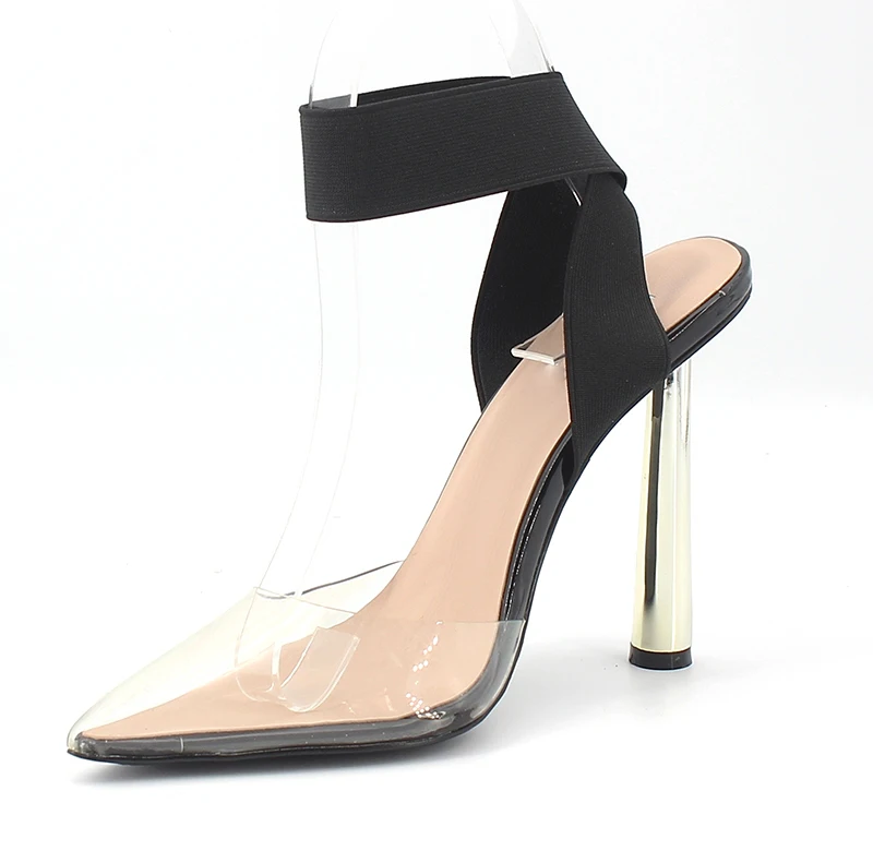 Lady Pumps Ladies Transparent High Heeled Pumps shoes with Elastic cross-tie ankle straps