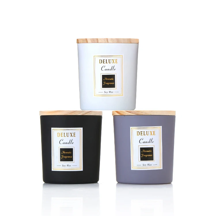 High Quality Empty Luxury Matte Black Glass Candle Jar with Wooden Lid