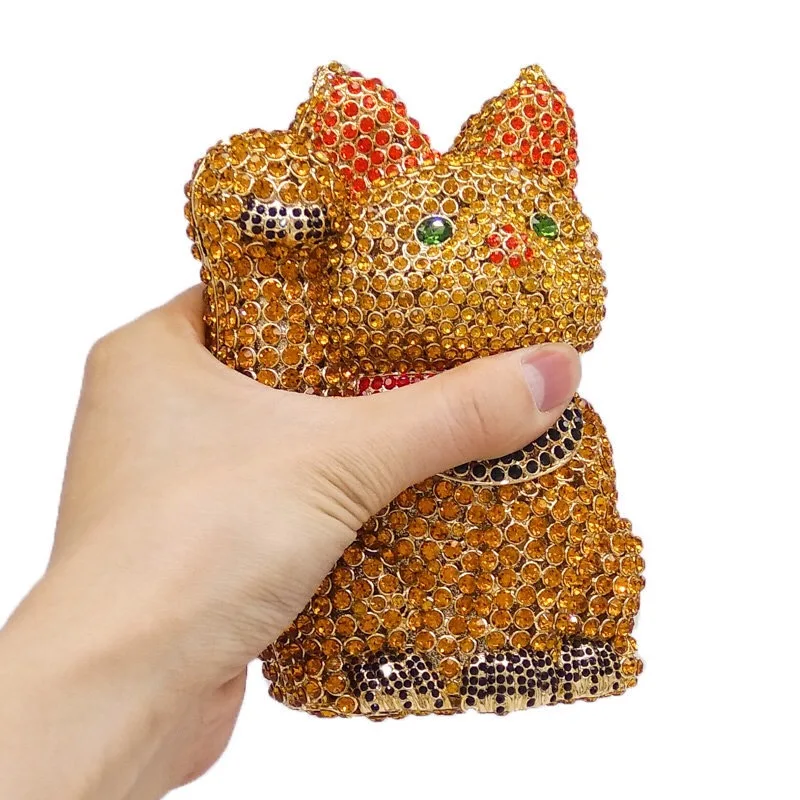 New Design Good Quality Wedding Bridal Sparkle 3D Cat Animal Clutch Bags Hardcase Full Crystal Bag Rhinestone HandBag