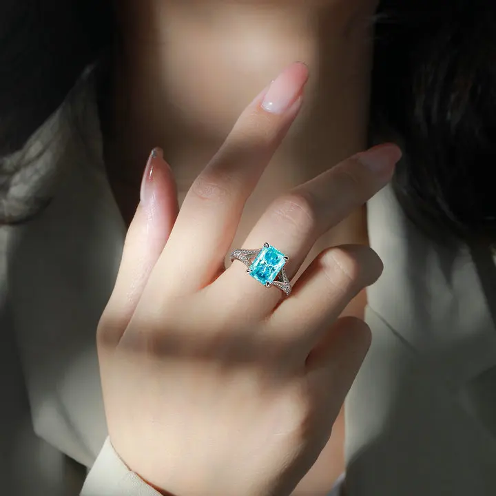 Custom Birth Stone Rings Rhodium Plated Iced Cut Non Fade 925 Sterling Silver Engagement Rings with Blue Stone