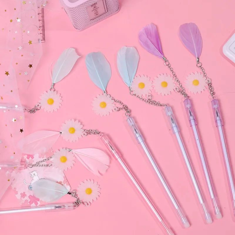 Гелевая ручка с маргариткой и пером 0 38 мм черные школьные материалы для письма офисные принадлежности канцелярские чернила «сделай сам» 4 случайных