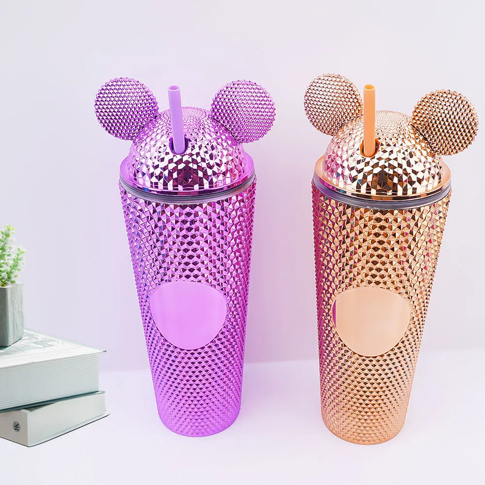 Customizable 24oz Double Wall plastic Kids Acrylic Mickey Tumbler Durian shaped plastic cup  with Ears Lid Straw