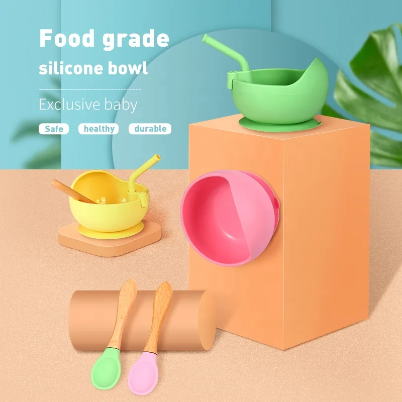 Food Grade BPA Free Soft Baby Bowl Unbreakable Suction Feeding Baby Silicone Bowl and Spoon Set for Gift