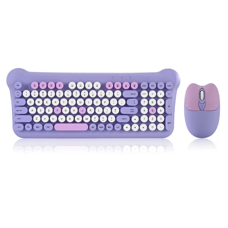 New QW05 wireless keyboard and mouse set mixed color punk round key girls cute office home keyboard.