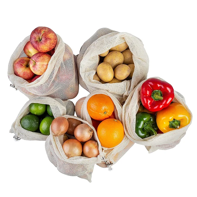 Hot Sale Eco Friendly Reusable 100% Organic Cotton Mesh Bag Shopping Grocery Mesh Net Bags For Vegetables and Fruits