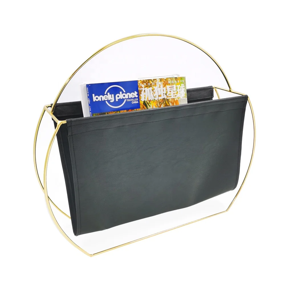 
Decorative modern portable luxury Gold Wire Black Pu Leather Newspaper Magazine Rack 