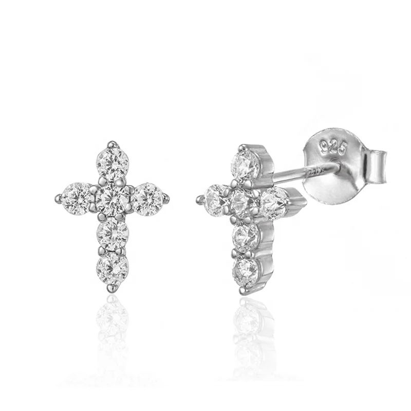Wholesale Fine Jewelry 925 Sterling Silver Custom Trendy Dainty Zircon Earrings Minimalist Cross Stud Earring For Women Girls