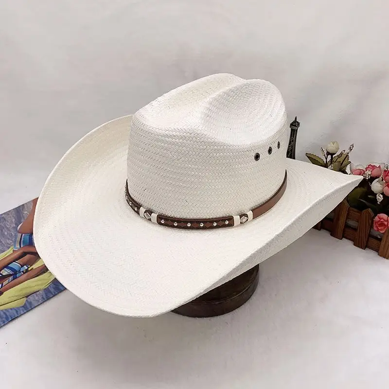 STS Hot Sale White Color Panama Hat Sun Protection Western Sombreros Paper Cowboy Straw Hat