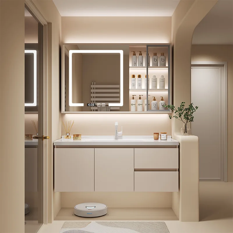 MEGA Factory Direct Sale Cheap Modern Wooden Wall Hung Bathroom Furniture With Basin Sink Sets Bathroom Cabinet With Led Mirror