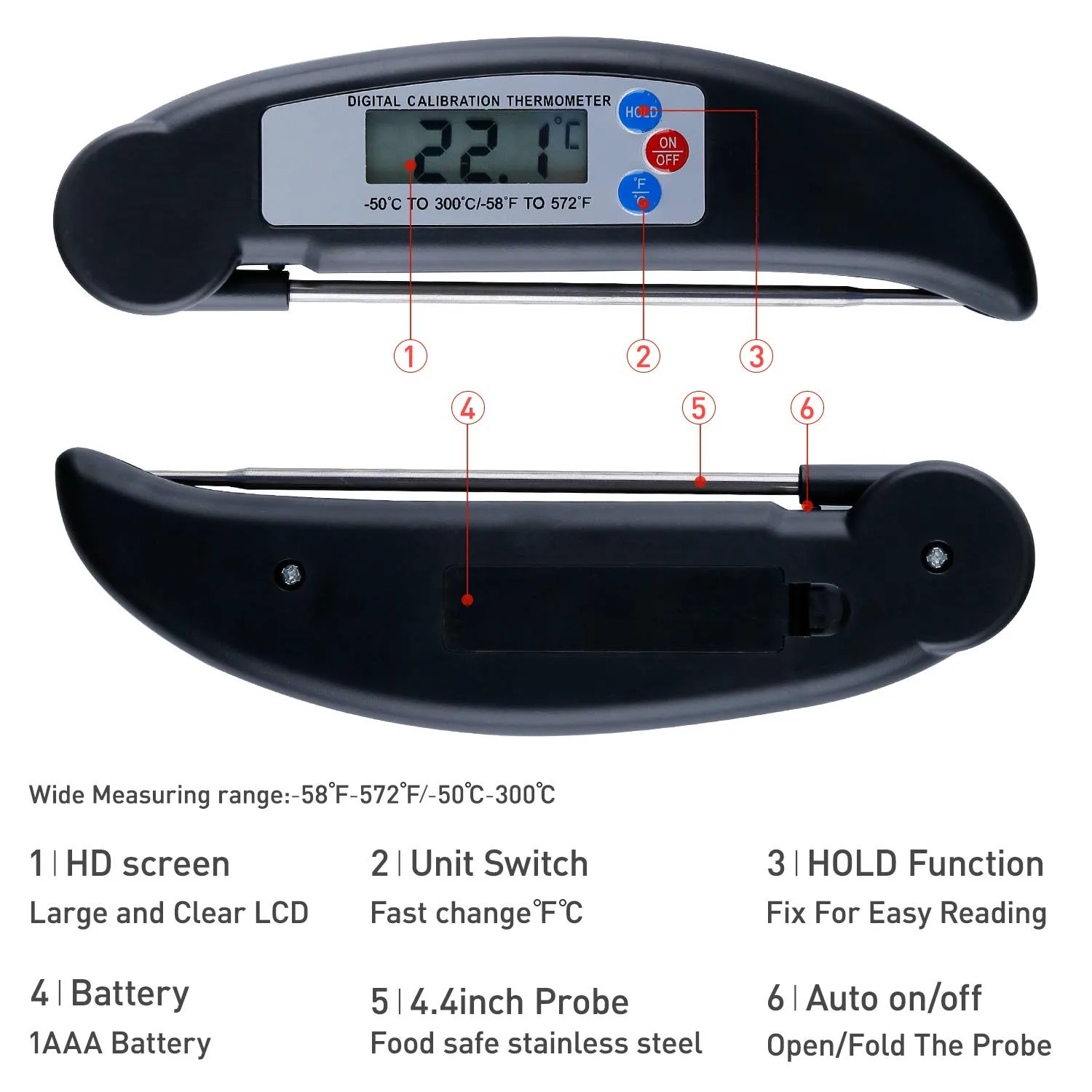 Household BBQ Meat Thermometer with Folding Probe Large Digital Display Food Thermometer