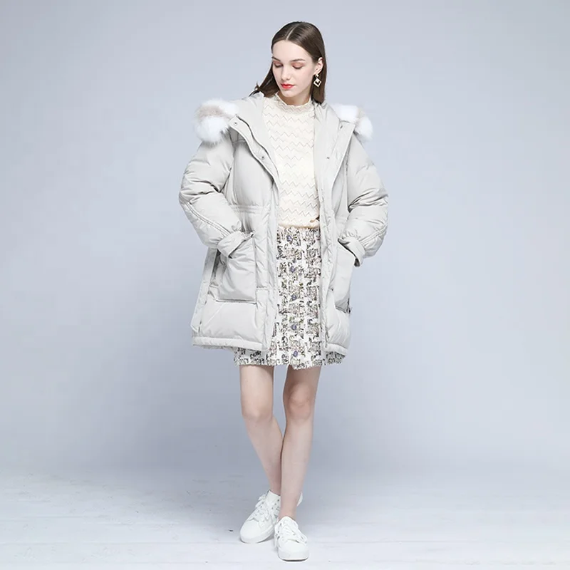 Huiquan long down jacket grey women parka fur collar down filling coat