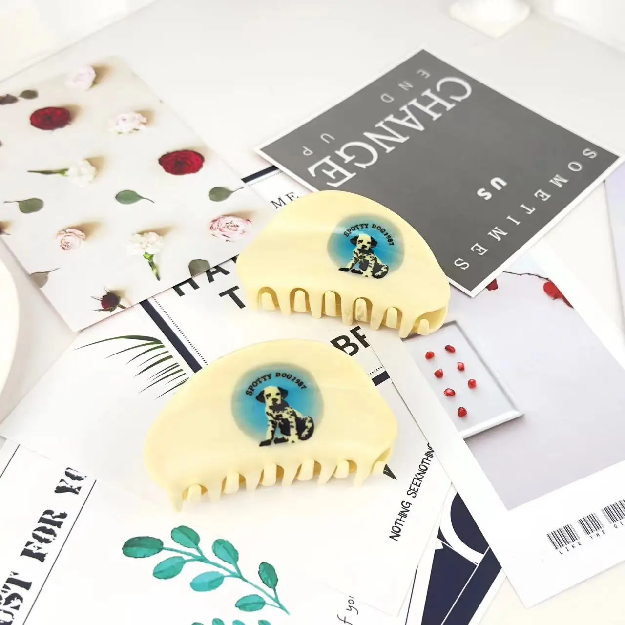 Vintage Acetate Half round Dog Print Hairpin Spotted Dog Grab Clip for Girls Back Hair Accessories