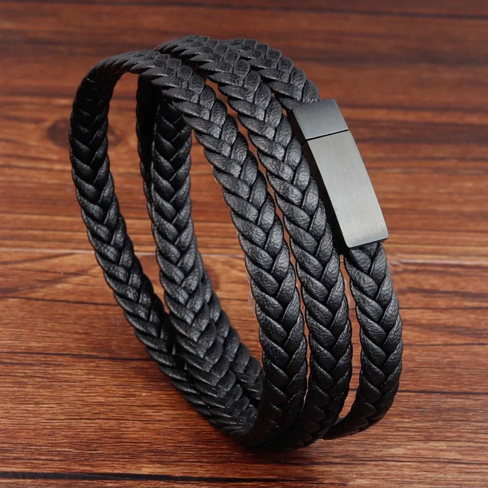 Magnet close  Braided leather 3 Layers  Genuine Leather   bracelet Wholesale