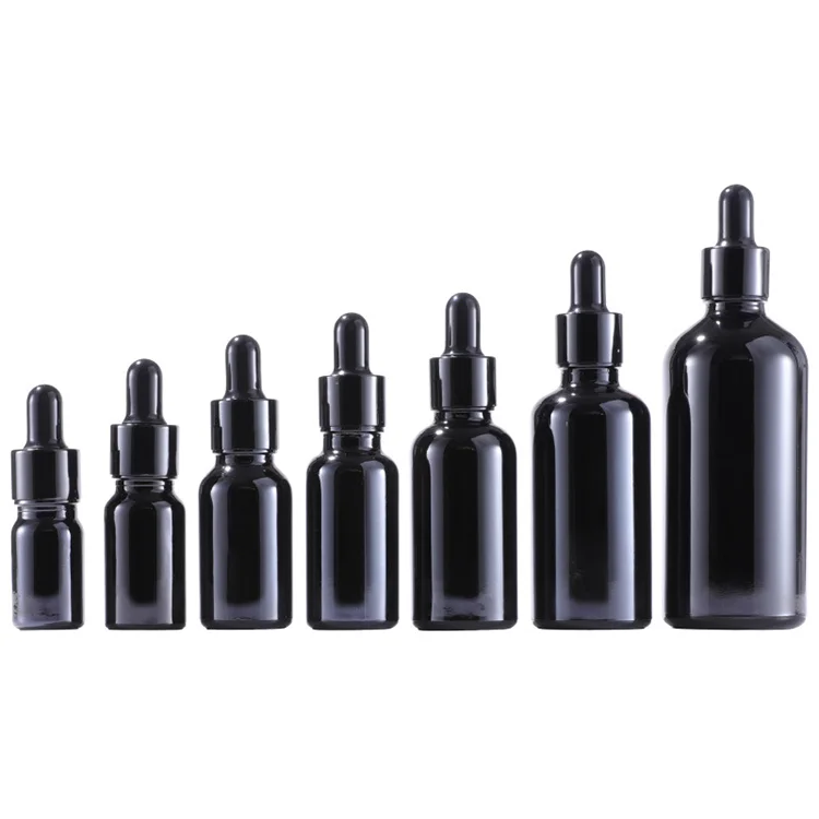 Empty 1 oz 2oz 10 30 ml custom made Matte Glossy Black Glass Boston Round Bottle with drops lid