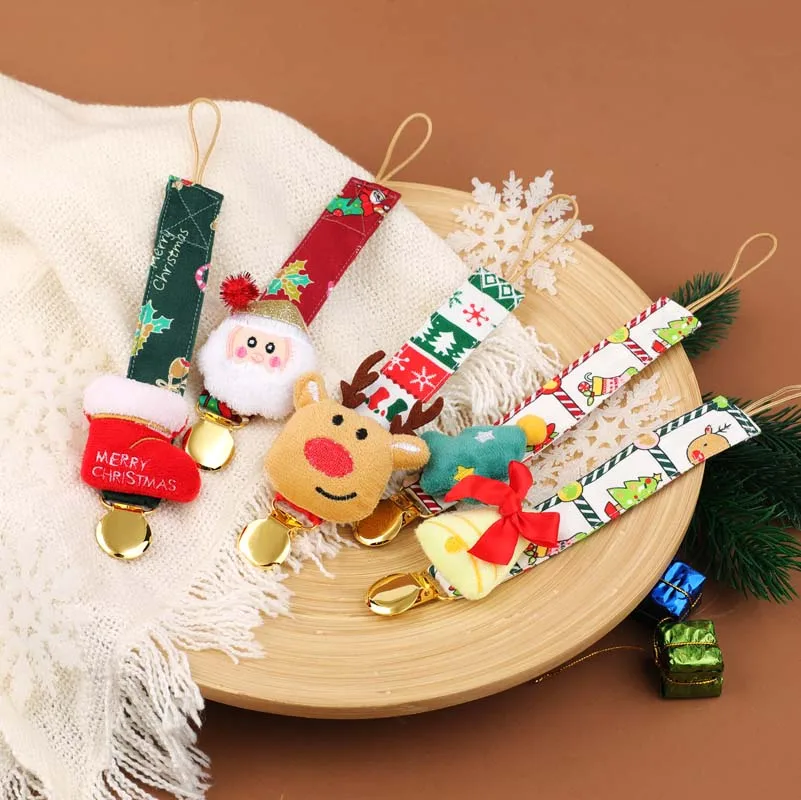 Cotton Fabric beech wood clip with Christmas stocking baby Pacifier clips chain Newborn pacifier clips holder