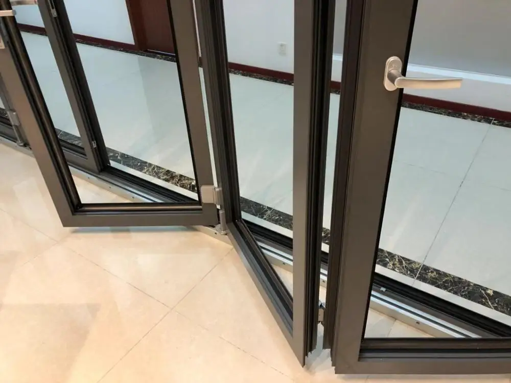 Soundproof thermal break wooden color Luxury Exterior Patio Lowes Glass Accordion Aluminium Bi-fold Doors