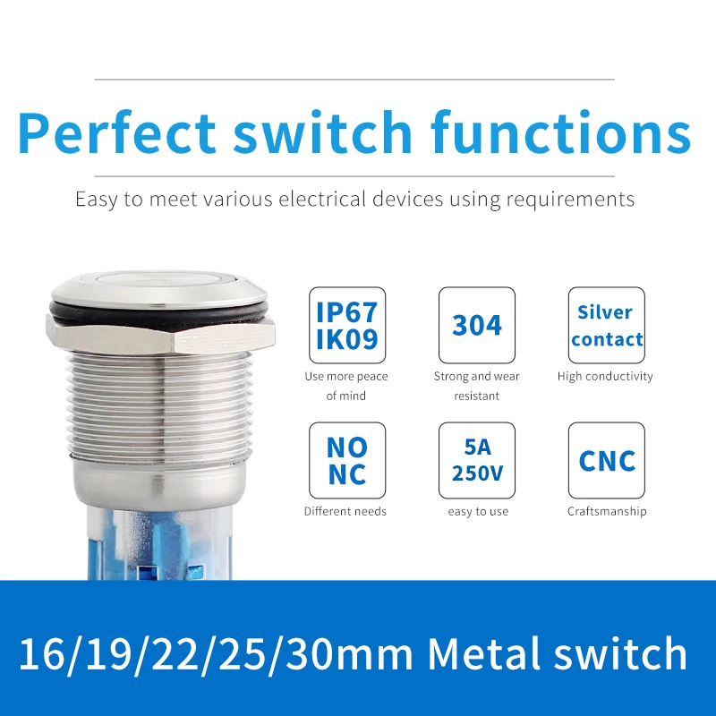 Chinese manufacturers nickel plated brass momentary metal pushbutton 19mm high head power symbol switch