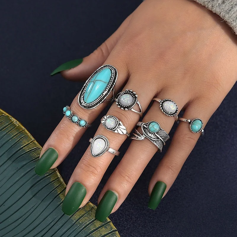 Vintage Mix Design Punk  Unisex Turquoise Gemstone Stone Ring Set Party Fashion Jewelry